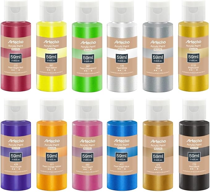 Artecho Metallic Acrylic Paint Set - 12 Colours, 59ml Acrylic Paints