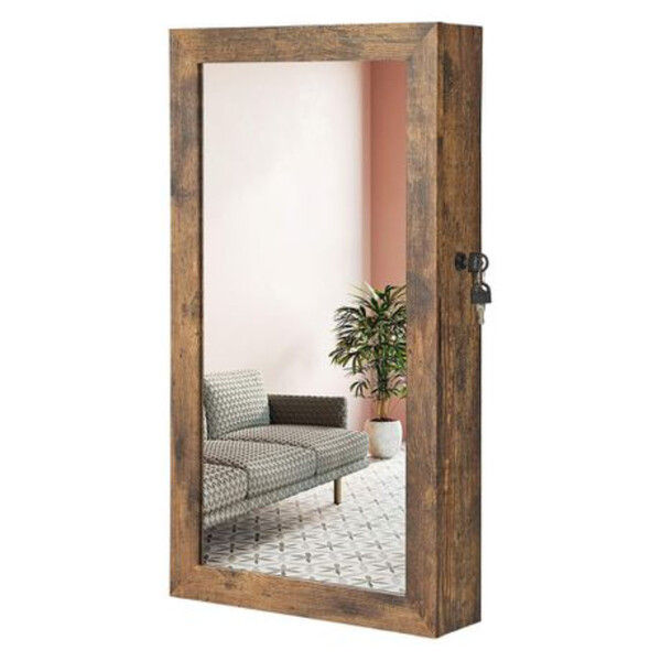 Rustic Lockable Jewelry Cabinet with Mirror & Wall Storage Hooks