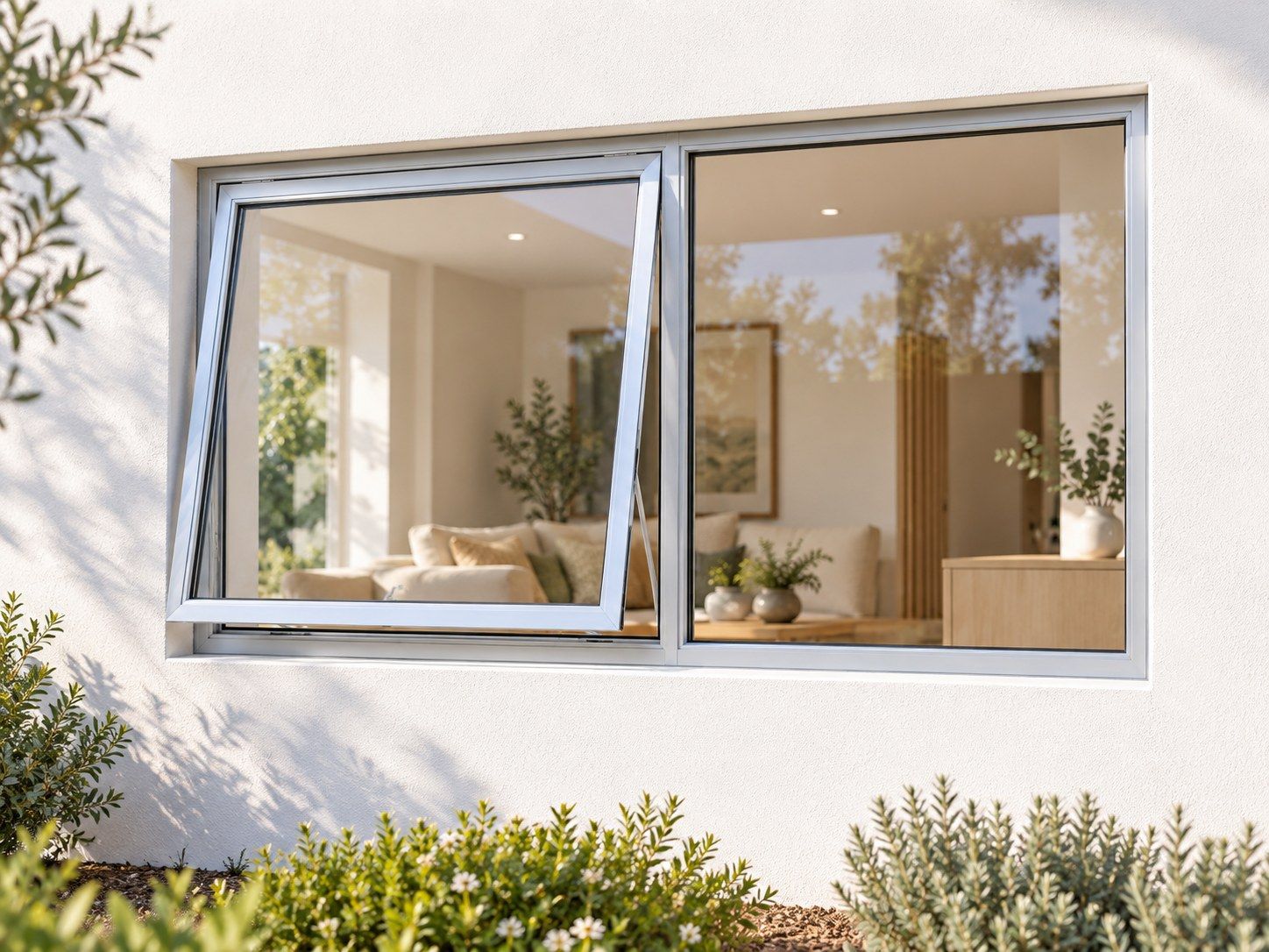 Kenzo Premium Top-Hung Aluminium Window - Silver, 1200 600 mm, Left Upper Opener with Fixed Side Pane, Clear Glass