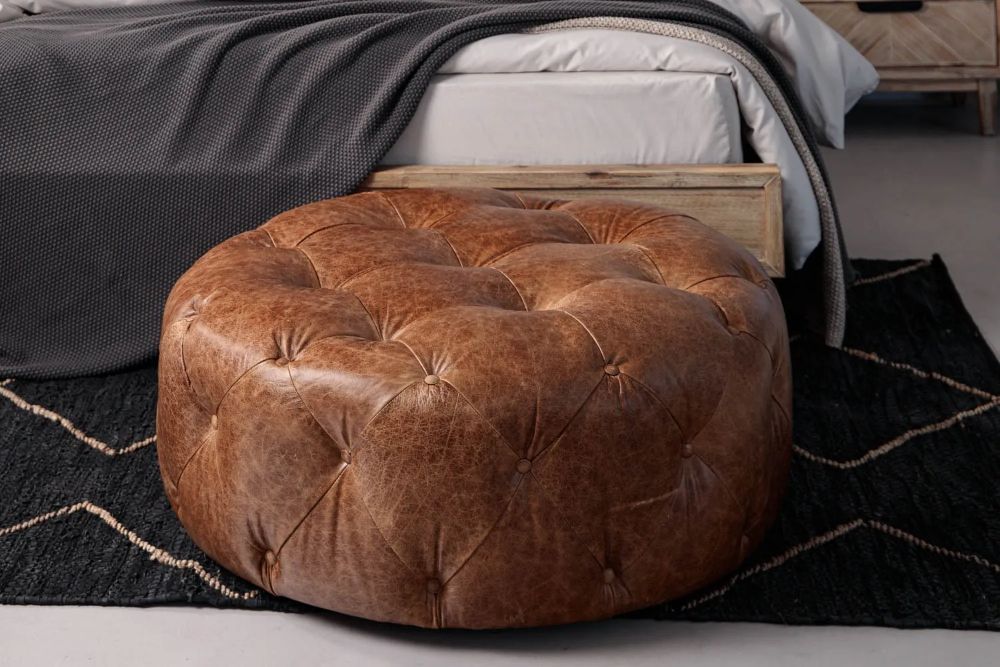 Round Leather Ottoman – Top Grain Tufted Footstool (Vintage Tan)