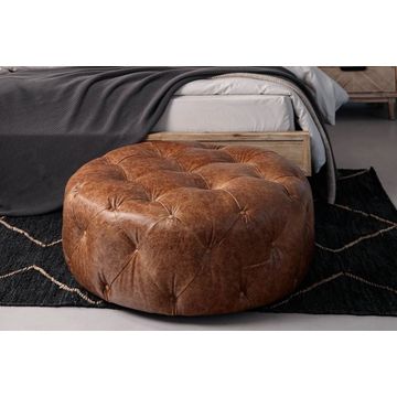 Round Leather Ottoman – Top Grain Tufted Footstool (Vintage Tan)