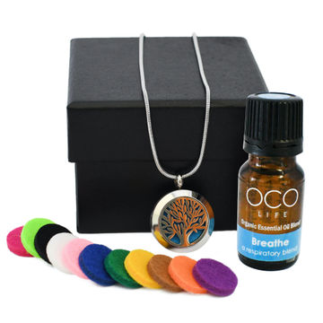 OCO Life Tree of Life Diffuser Pendant and Chain with Breathe Essential Oil