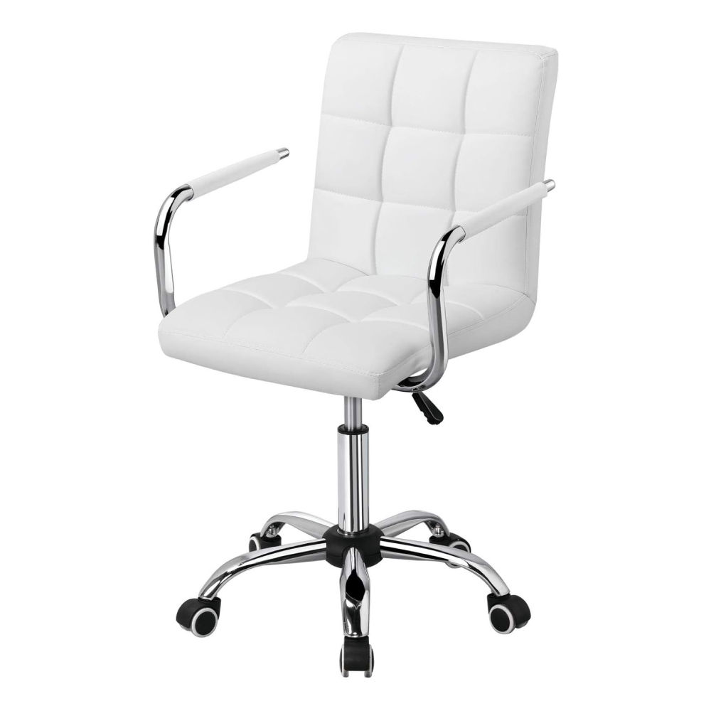 White Adjustable PU Leather Office Chair with Armrests & 360° Swivel