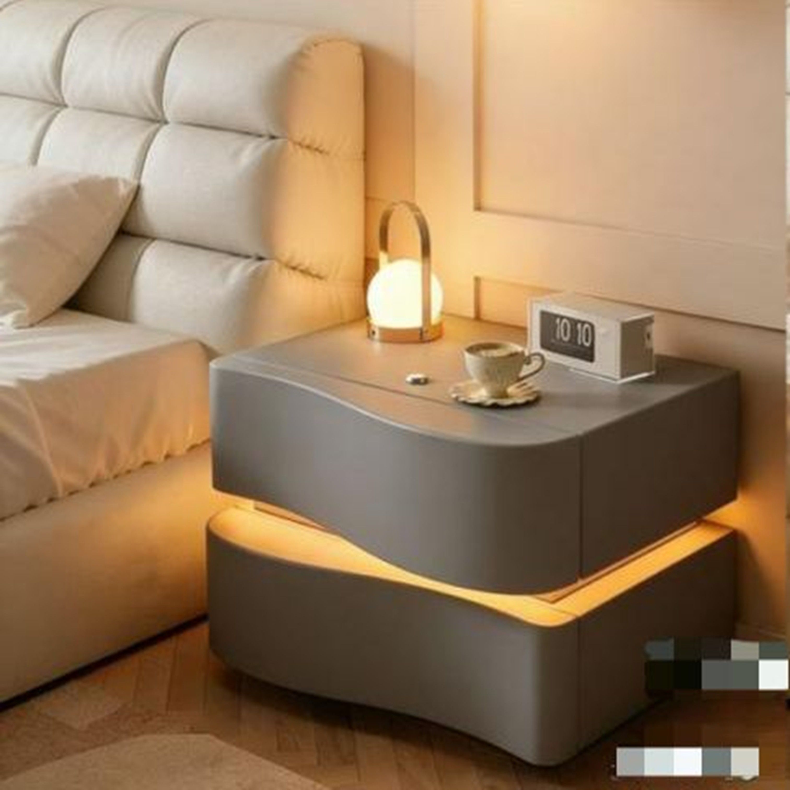 Madiega Furniture - Grey Curved LED Bedside Nightstand