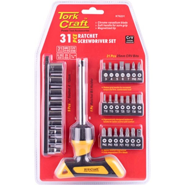 31Pc Screwdriver Ratchet T-Handle Bit Set