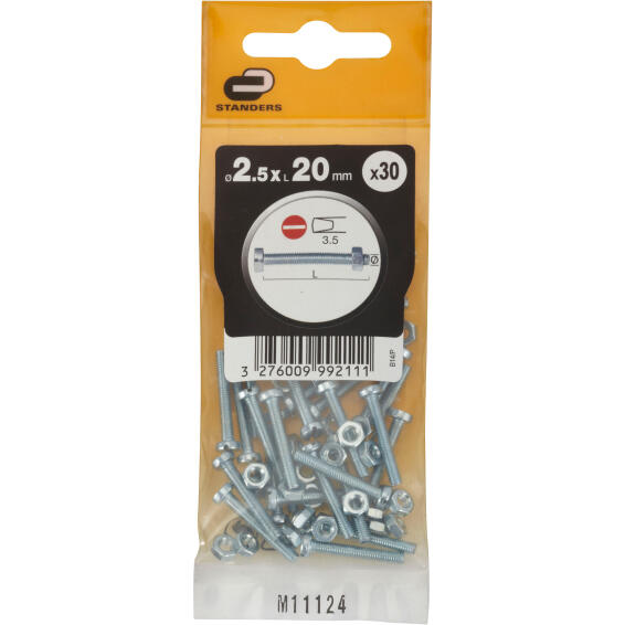 Machine screws and nuts slotted cheese head zinc plated 2.5x20mm 30pc standers