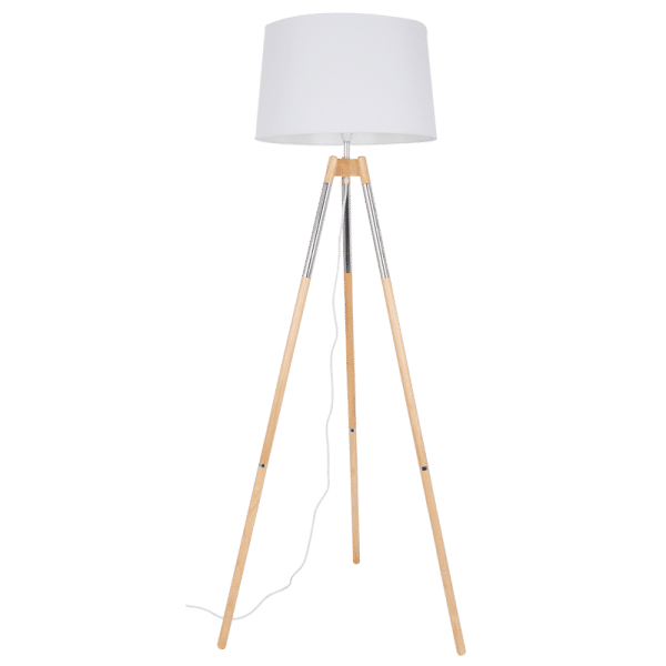 Wood and Polished Chrome Standing Lamp with White Fabric Shade 1 x On/Off Foot Switch