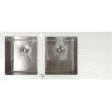 Mahina Double Bowl Glass Kitchen Sink White - Silver