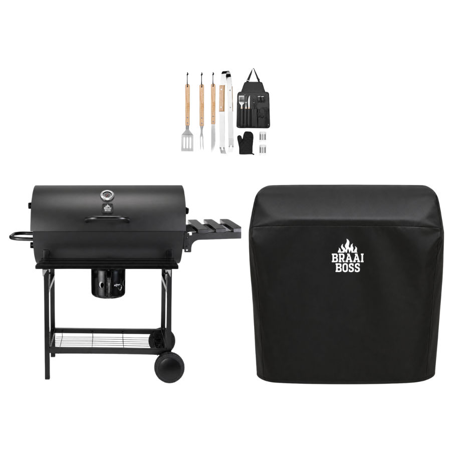 BraaiBoss 70cm Charcoal Barrel Braai with Protective Cover & Braai Tool Set