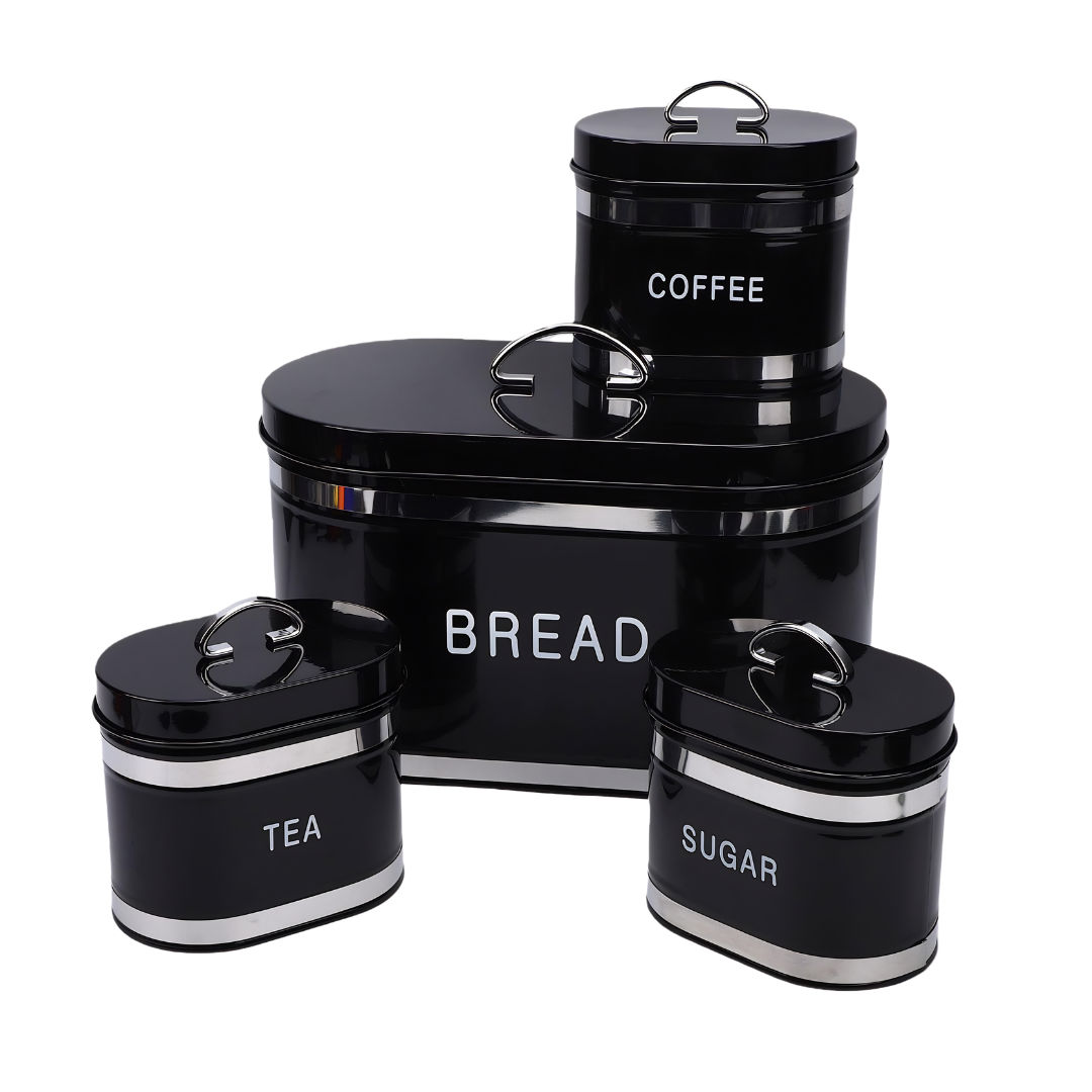 4-Piece Kitchen Countertop Storage Set – Gloss Black Oval Metal Bread Bin & Matching Tea, Coffee, Sugar Canisters with Double Chrome Bands