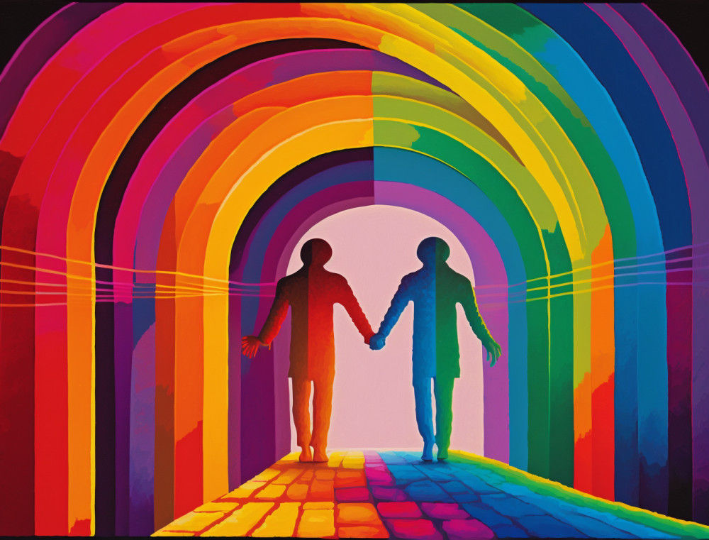 Canvas Wall Art - Rainbow Connecting Two Figures - B1380 - [120 x 80 cm]