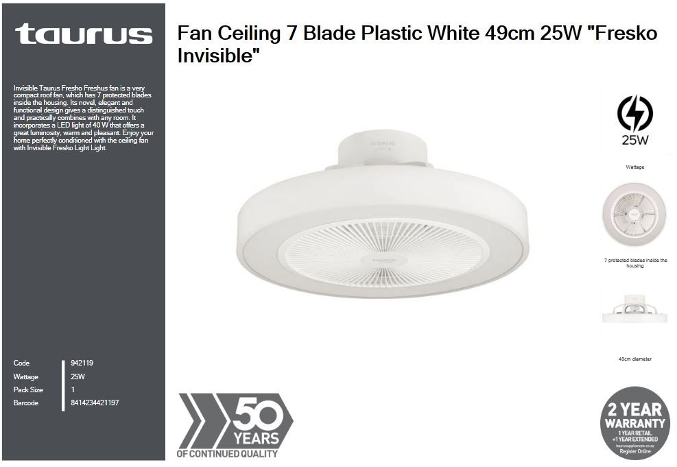 Taurus Fan Ceiling 7 Blade Plastic White 49cm 25W  Fresko Invisible
