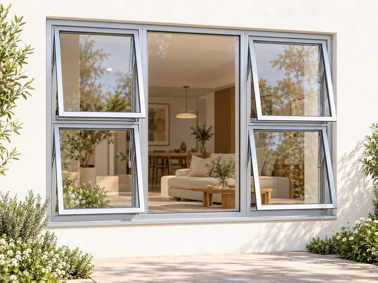 Kenzo Premium Top-Hung Aluminium Window - Silver, 2100 1200 mm, Four Openers with Fixed Centre, Clear Glass