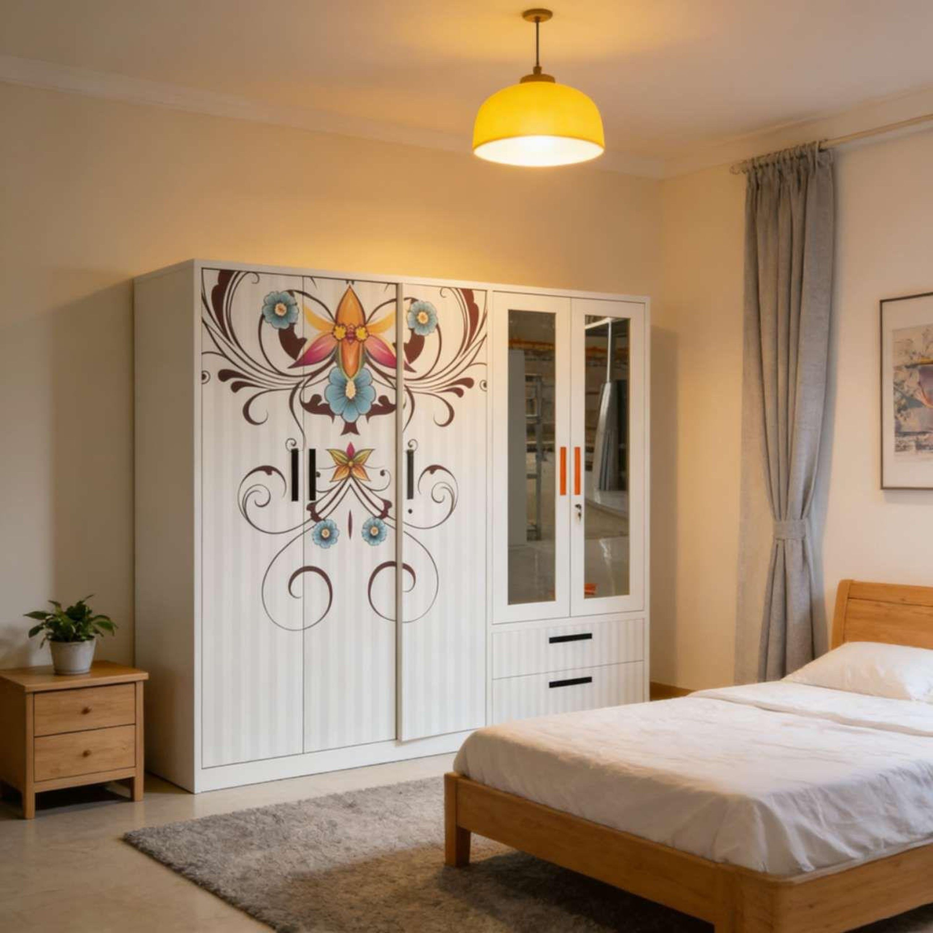 Madiega Furniture - Floral Art White Steel 5‑Door Wardrobe