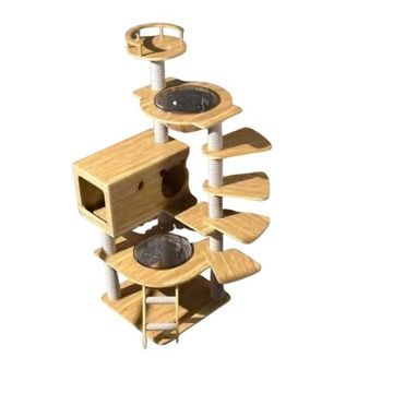 Modern Multi-Level Cat Tree Tower, Green and Natural Wood