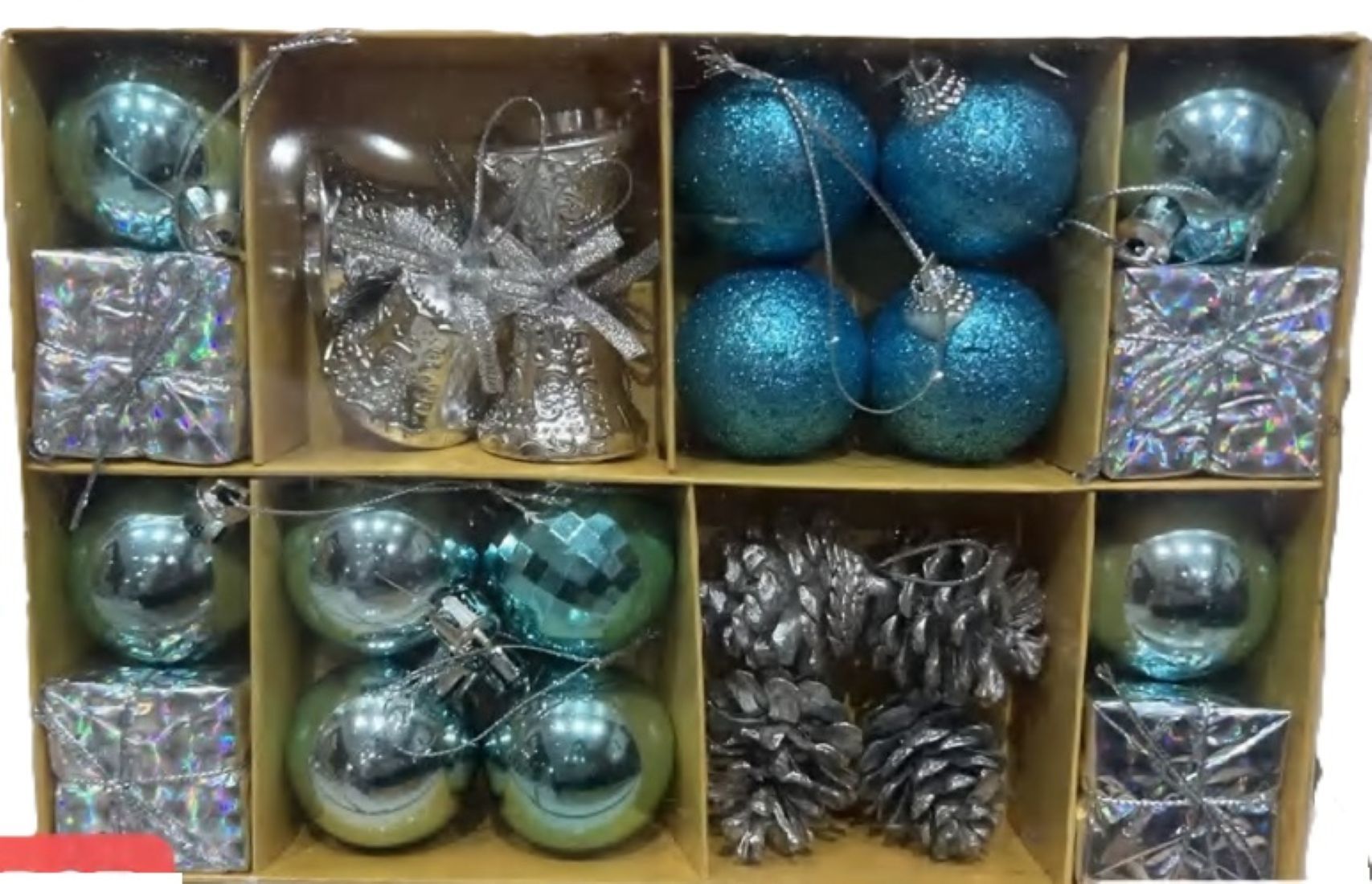 Christmas Tree Ornament Set, 25 Pieces, Blue and Silver, Glitter Balls, Pine Cones and Gift Box Decorations