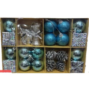 Christmas Tree Ornament Set, 25 Pieces, Blue and Silver, Glitter Balls, Pine Cones and Gift Box Decorations