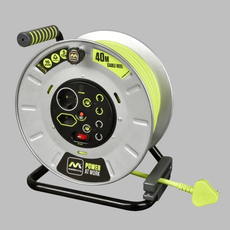 MASTERPLUG Pro-Xt Heavy Duty 40m Extension Cable Reel - Open - 4 Socket With LED Switch Thermal Cut Off Drum Wind Handle 2.5mm² High Viz Cable 5 Yr Warranty