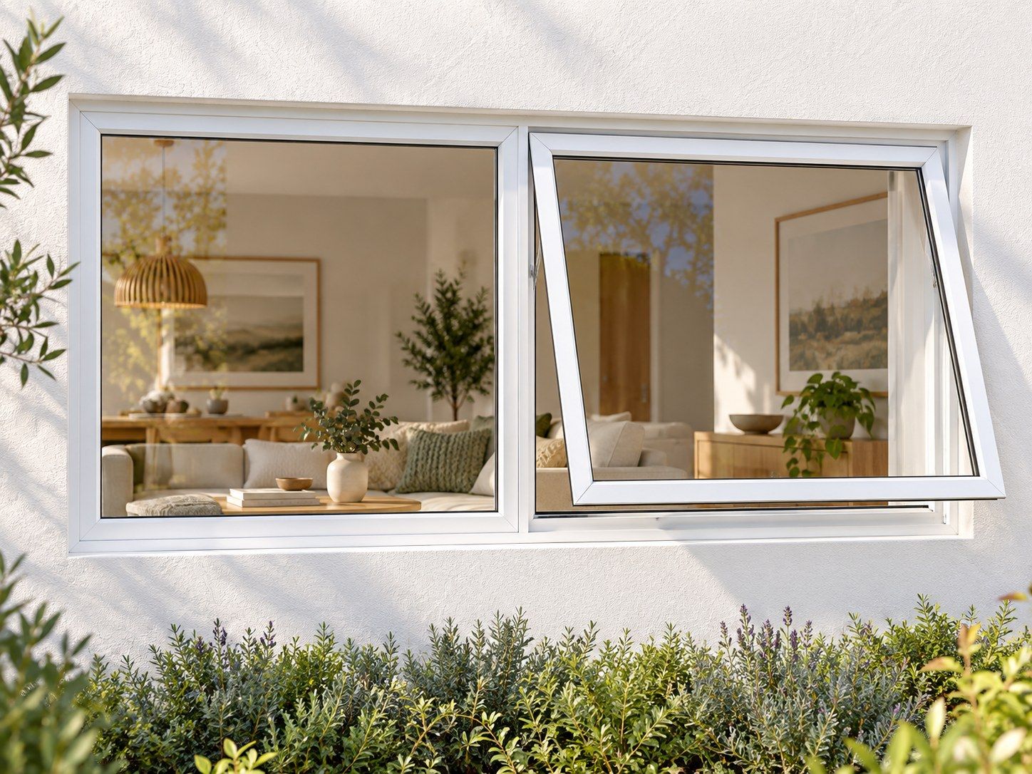 Kenzo Premium Top-Hung Aluminium Window - White, 1200 600 mm, Right Upper Opener with Fixed Side Pane, Clear Glass