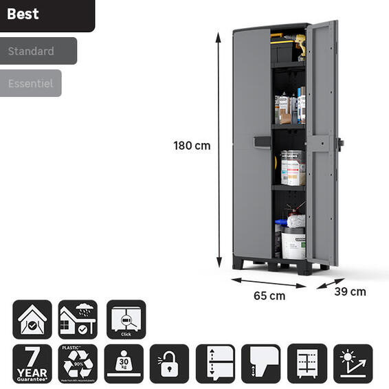 Spaceo high storage resin cabinet grey & black 180x65x39cm