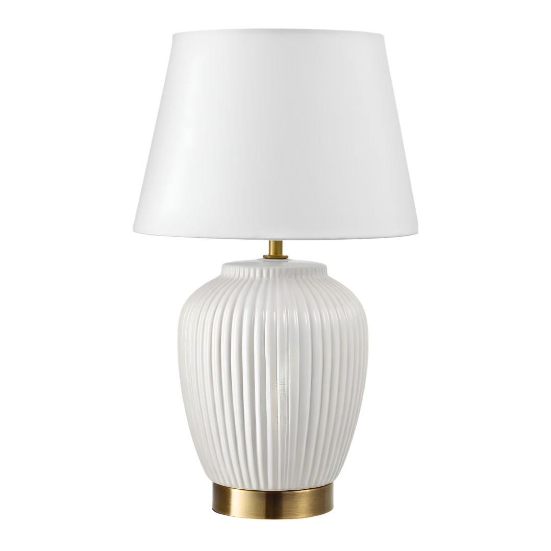 Danny Home Modern Fluted Ceramic Table Lamp with Brass Base & Fabric Shade – Glossy White & Gold