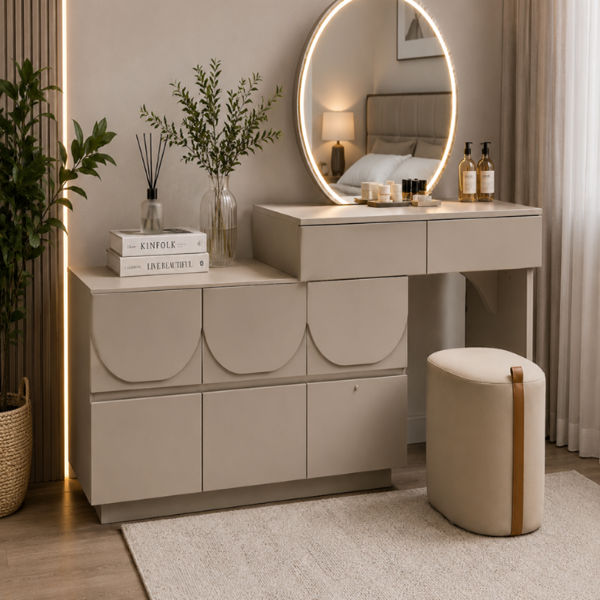 GOF Furniture Elara Dressing Table with LED Mirror & Storage Cabinet – Light Khaki