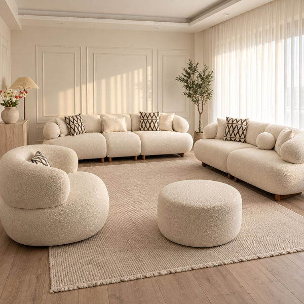 Califia Furniture Anthony 4-Piece Bouclé Lounge Suite with Sofas, Rounded Armchair & Ottoman – Ivory Cream