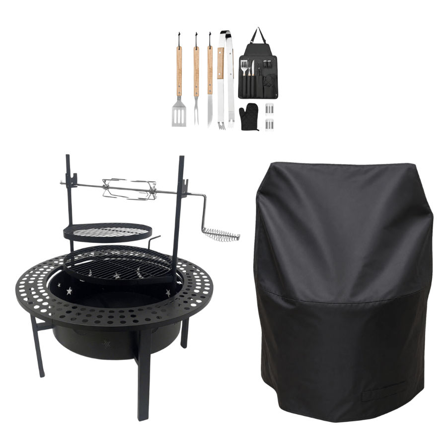 60cm Mega Fire Pit and Braai Grill with Cover & Braai Tool Set