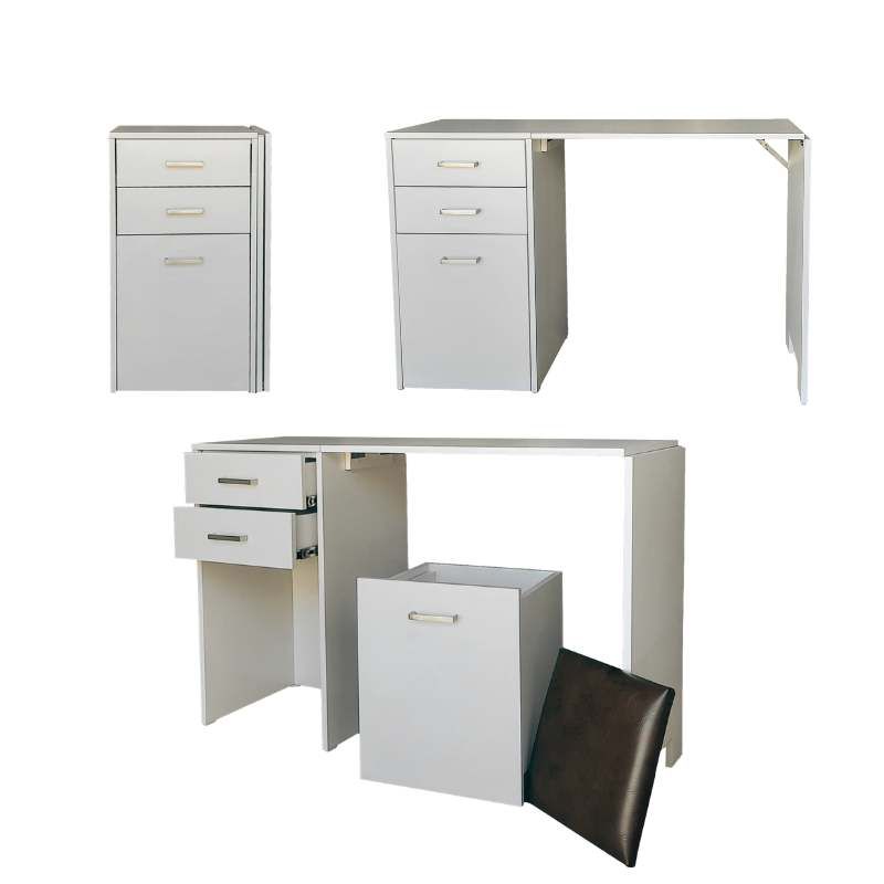 SpaceSave Versa Combo Drawer Desk with Ottoman Chair & Fold-Out Table - White