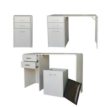SpaceSave Versa Combo Drawer Desk with Ottoman Chair & Fold-Out Table - White