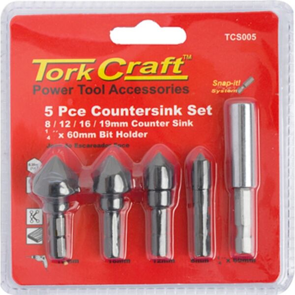 Countersink Set 5Pce Set Carbon (8,12,16,19Mm C/W Hex Shank Adaptor)