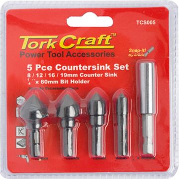 Countersink Set 5Pce Set Carbon (8,12,16,19Mm C/W Hex Shank Adaptor)