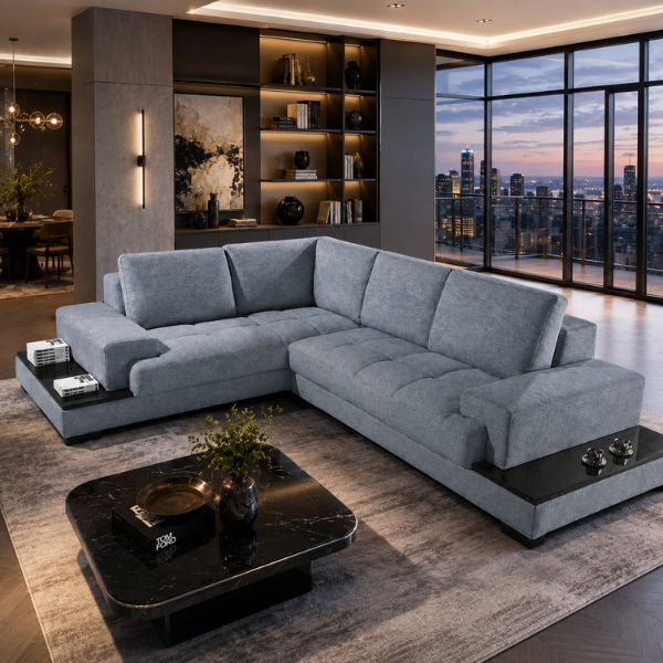 Chanel L Shape Corner Sofa-Chenille Fabric Blue