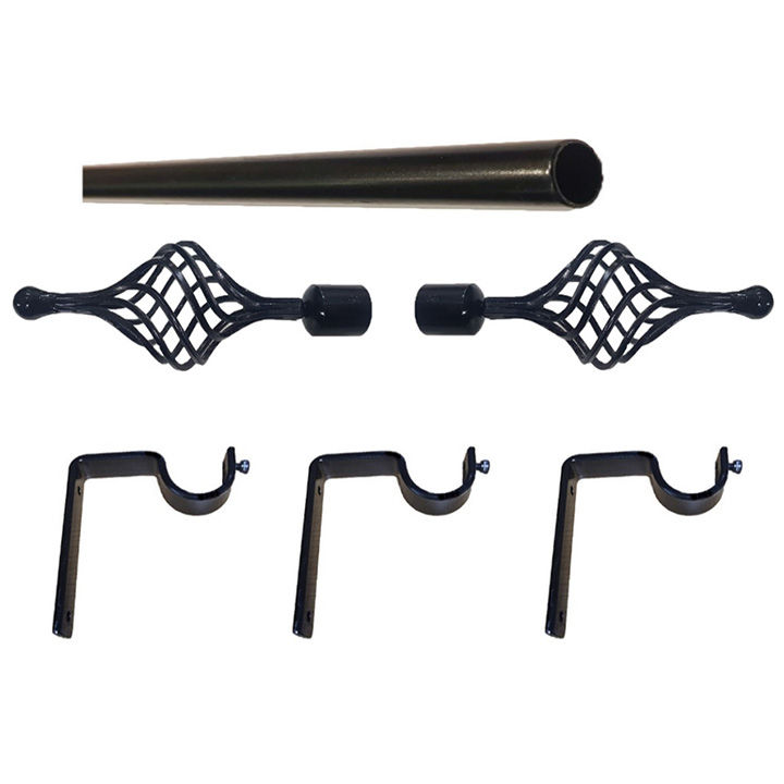 Matoc 32mm Curtain Single Metal Pole Set -Multibasket Finials -Black -3.0m