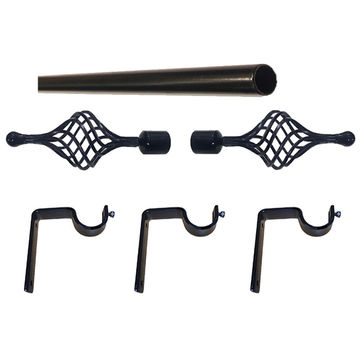 Matoc 32mm Curtain Single Metal Pole Set -Multibasket Finials -Black -3.0m
