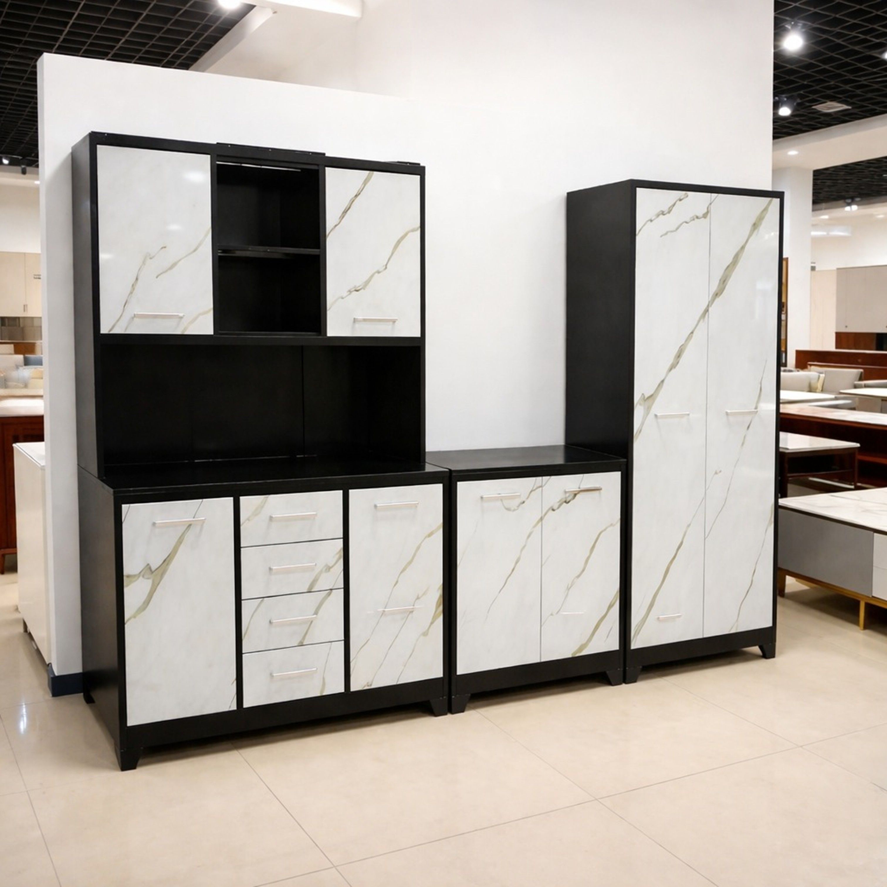 Madiega Furniture - 3-Piece White Marble & Black Steel Kitchen Pantry Unit with Tall Larder