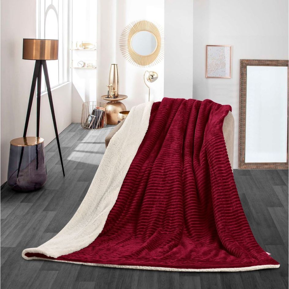 Nu Dekor - Reversible Sherpa Fleece Throw Flannel Blanket - Red - 180x200cm
