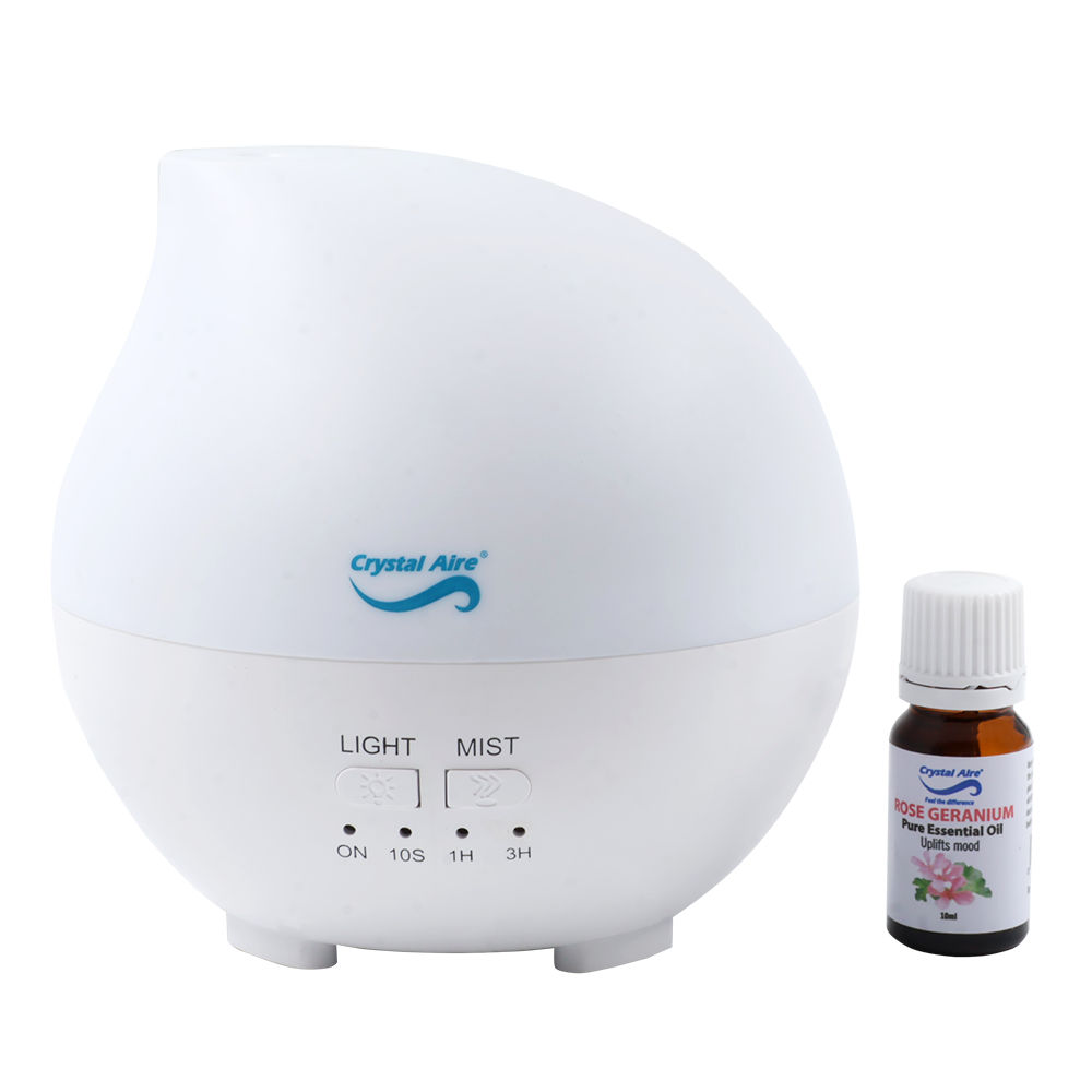 Crystal Aire Aroma Raindrop Diffuser with 10ml Rose Geranium Essential Oil