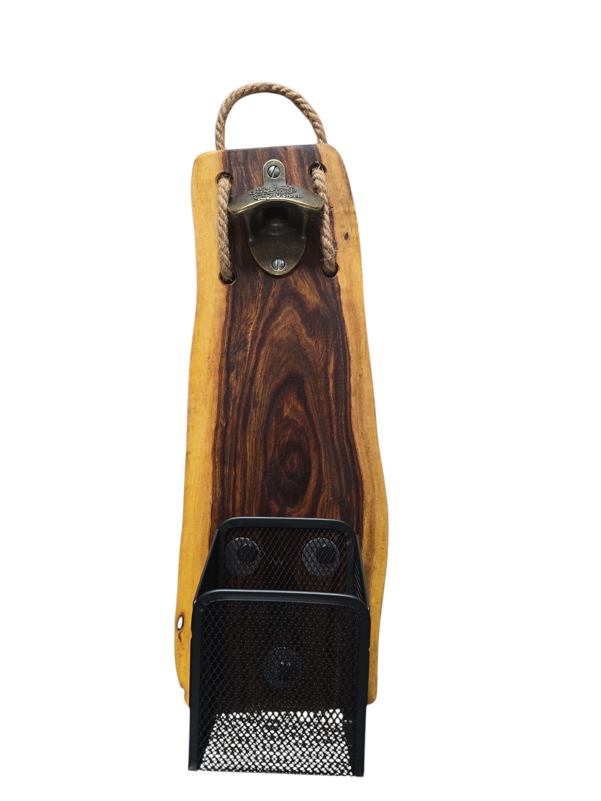 Tambotie Live Edge Wood Wall Bottle Opener with Catch Basketwith