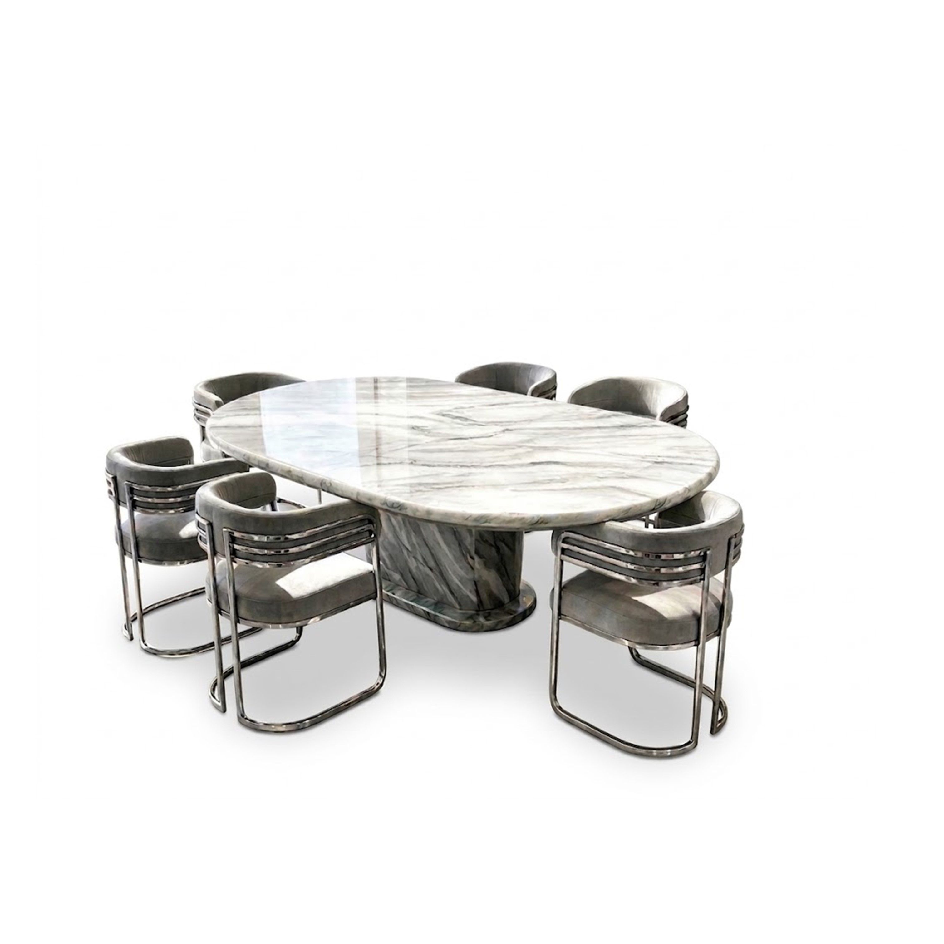 Madiega Furiture - Contemporary Oval White Marble Dining Table Set with 6 Grey Velvet Chrome Chairs