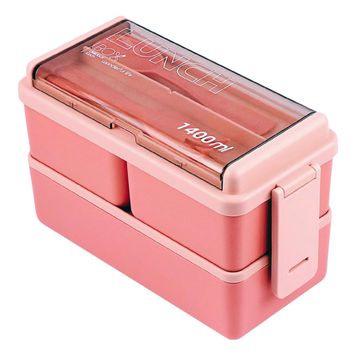 2 Layer 1400ml Lunch Box with Spoon and Fork - Pink