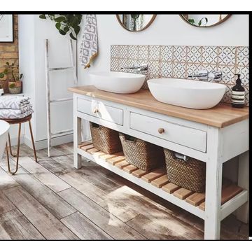 White Farmhouse Bathroom Vanity – 1500mm with Stained Pine Top & Slatted Shelves