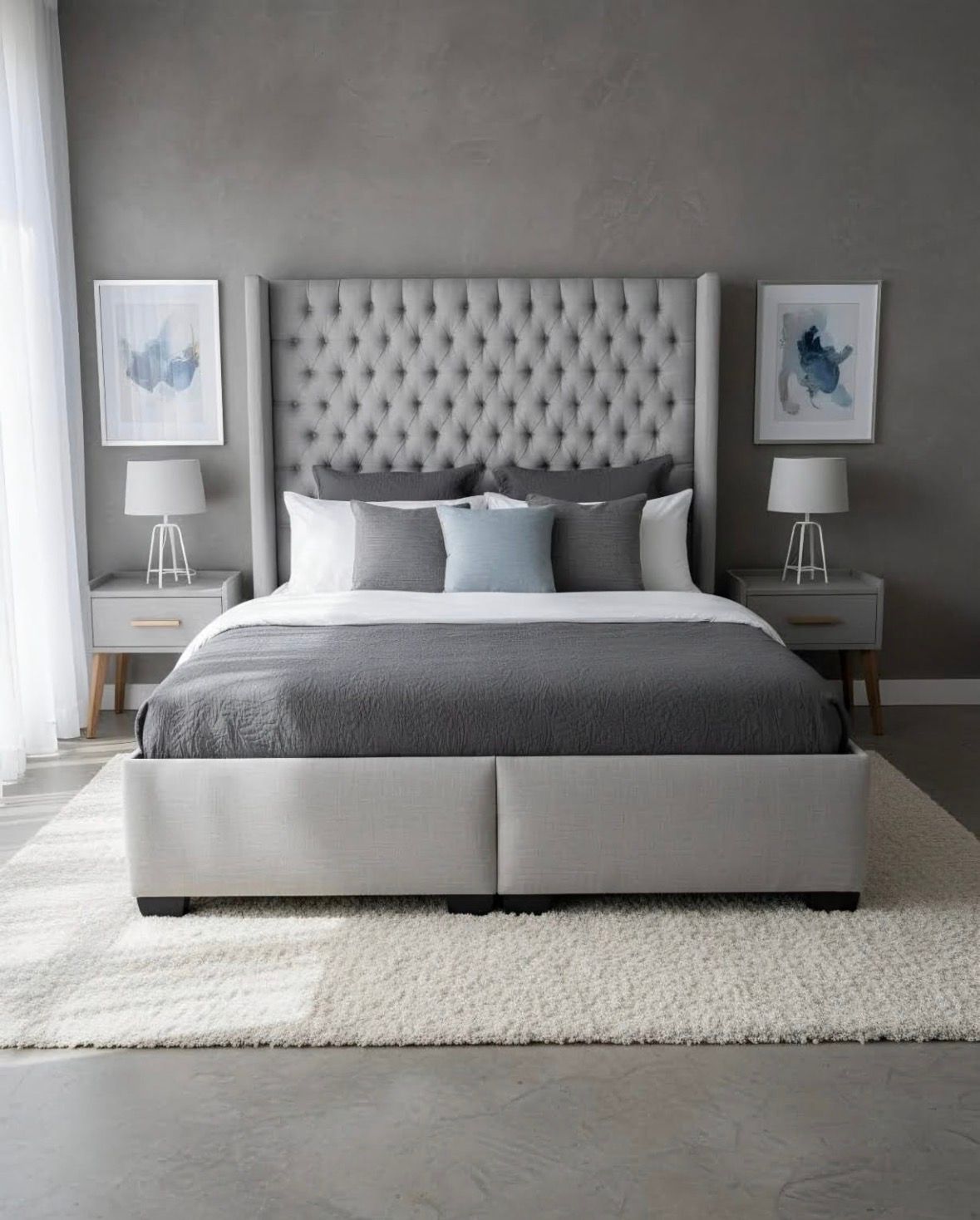 Buttoned Sleigh Bed - Linen Material - King - Light Grey