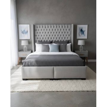 Buttoned Sleigh Bed - Linen Material - King - Light Grey