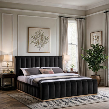 Denia Velvet Upholstered Sleigh Bed King Black