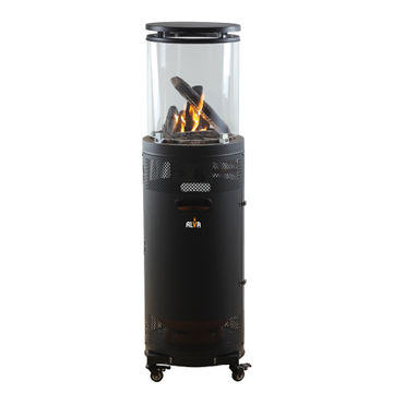 ALVA Circular Midi Stand Gas Patio Heater Flat Top Design Glass Enclosed Radiating Lava Rock & Logs Outdoor Use Hose & Regulator Included LPGSA Certified 12 Month Warranty