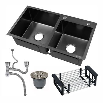 Double Bowl Kitchen Sink with Downspout and Drain Basket 82*45*22  Stainless Steel