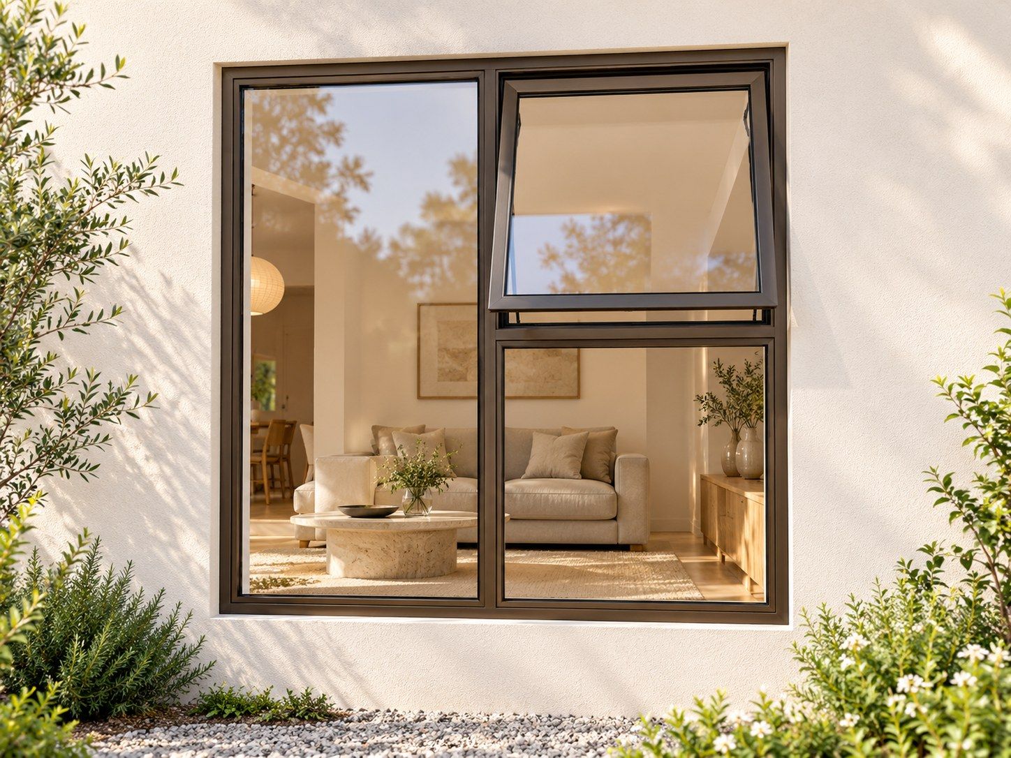 Kenzo Premium Top-Hung Aluminium Window - Bronze, 1200 1200 mm, Right Upper Opener with Fixed Lower and Side Panes, Clear Glass