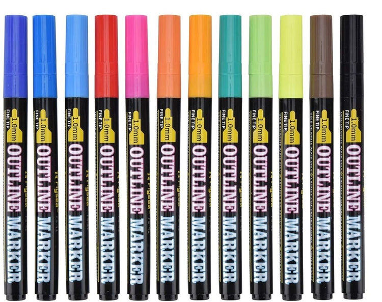12 Outline Colour Marker Pens 1.0mm Fine Tip Art Craft Scrapbook Projects