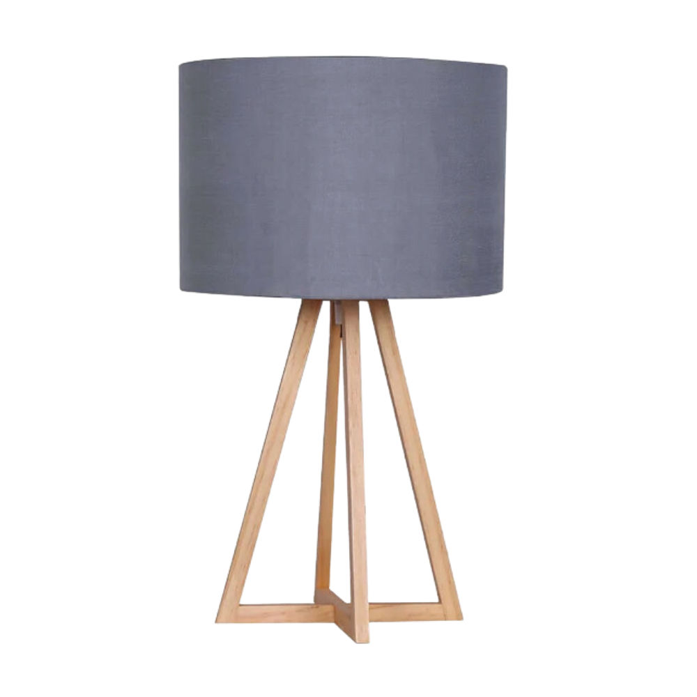 LAMP TABLE-TALL WOODEN TRIPOD-GREY FABRIC SHADE